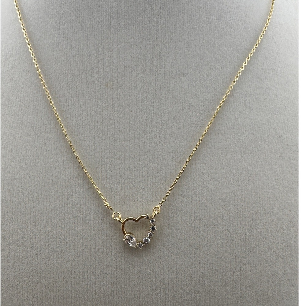 14K Laminated Gold Tone Open Heart Crystal Pendant Necklace Adjustable Chain